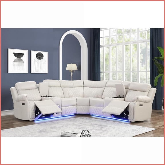 Modern Power Recliner Sectional with Bluetooth Speakers & LED Lights | Beige Faux Leather | MDF + Metal Frame