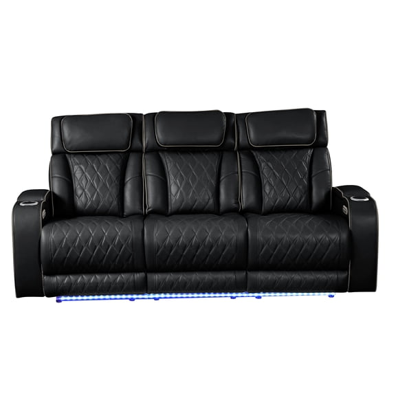 Modern Power Recliner Sofa with Massage and LED Lights, Black Faux Leather