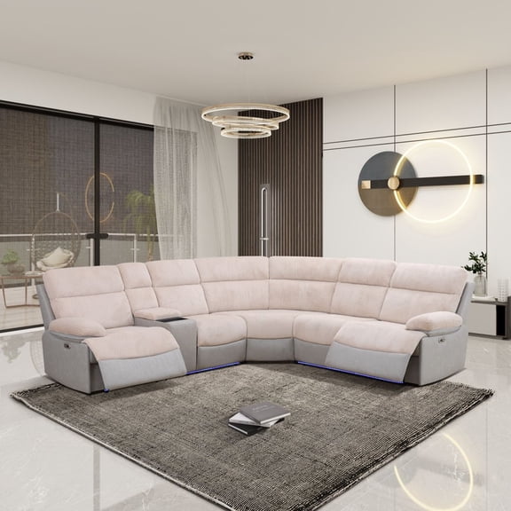 Modern Power Reclining Sectional Sofa with Storage Console & USB/LED Lights, Beige & Grey