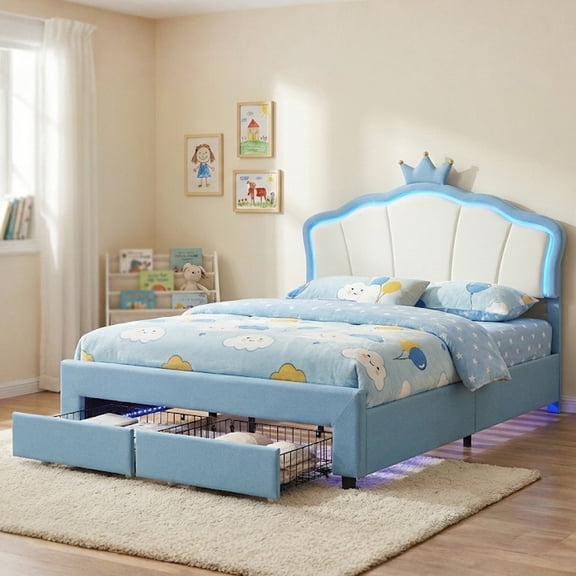 Modern Princess Padded Bed - Crown Headboard With Led Lights And Storage Drawers, Modern Princess Padded Bed - Crown Headboard With Led Lights And Storage Drawers, Blue And White Patchwork