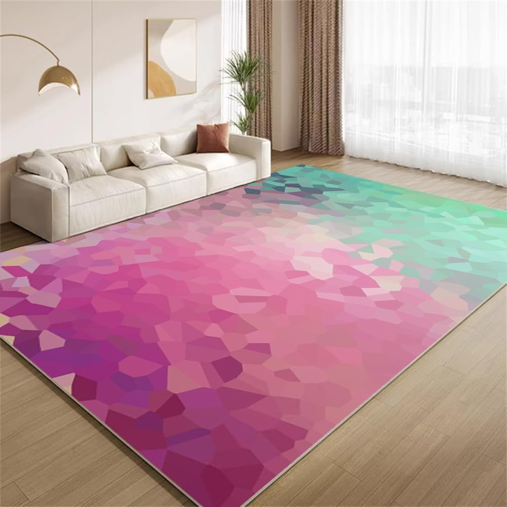 Modern Print Area Rug, Green/Pink Ombre Rugs For Living Room Short Pile