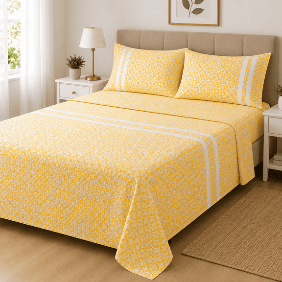 EZee Comforts Modern Gold Printed Cotton Blend Sheet Sets, Queen - Premium