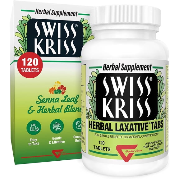 Swiss Kriss Herbal Laxative Tablets, Gentle & Natural Laxatives for Constipation Relief for Adults & Children Over Age 6, Works in 6-12 Hours, Senna Laxative, 120 Tablets Total