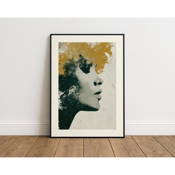 Modern Profile Portrait Print, Charcoal Greys and Ochre Wall Art UNFRAMED