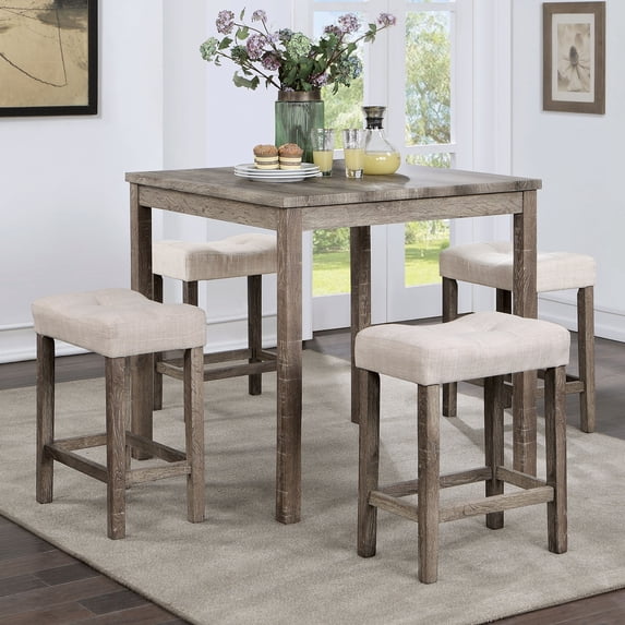 Modern Pub Set for 4, 5 Piece Counter Height Dining Table Set, Wooden Table and 4 Padded Stools, Breakfast Nook Set for Coffer Bar, Bistro, Kitchen