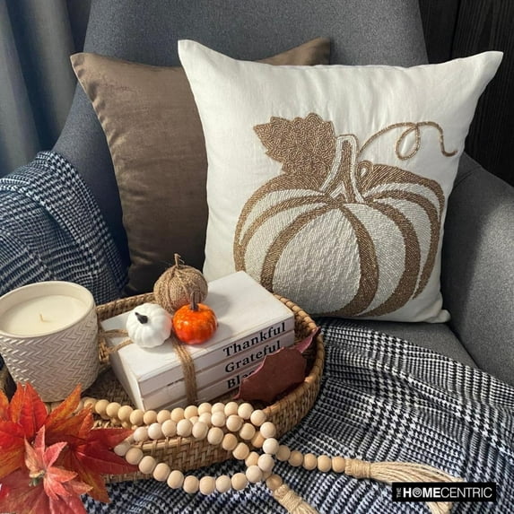 Gold Linen Modern Pumpkin Decorative Throw Pillow Cover, 18"x18" (45x45 cm) Linen Pumpkins, Beaded, Fall Pillows, Fall Decor Cushion cover, Floral Modern Style - Bejeweled Pumpkin