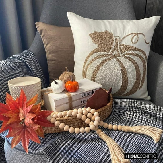 Beaded Golden White Linen Pumpkin Decorative Throw Pillow Cover, Halloween Pumpkin Decor, Fall Home Decor Cushion Cover, Seasonal Home Decor