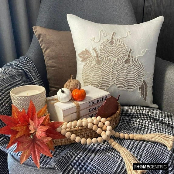 White Linen Modern Decorative Throw Pillow Cover, 16"x16" (40x40 cm) Linen Pearl Burlap, Jute, Fall Pumpkins, Vintage Pumpkins, Rustic Décor Pillowcase, Floral Contemporary - Pearl Kissed Pumpkin