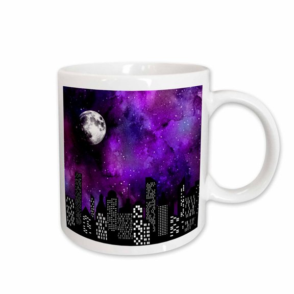 3drose, Modern Purple and Blue Image of Watercolor City Skyline at Night, 11oz Mug