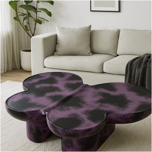 Modern Purple & Black Faux Travertine Coffee Table, Butterfly Shape Fiberglass Accent Table for Living Room & Office