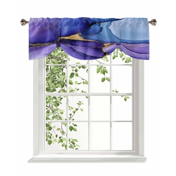 Modern Purple Blue Tie Up Valances Curtain, Abstract Art Gradient Gold Line Kitchen Valances for Windows Decor, Rod Pocket Short Curtains Set for Bedroom/Bathroom, 42"x12"