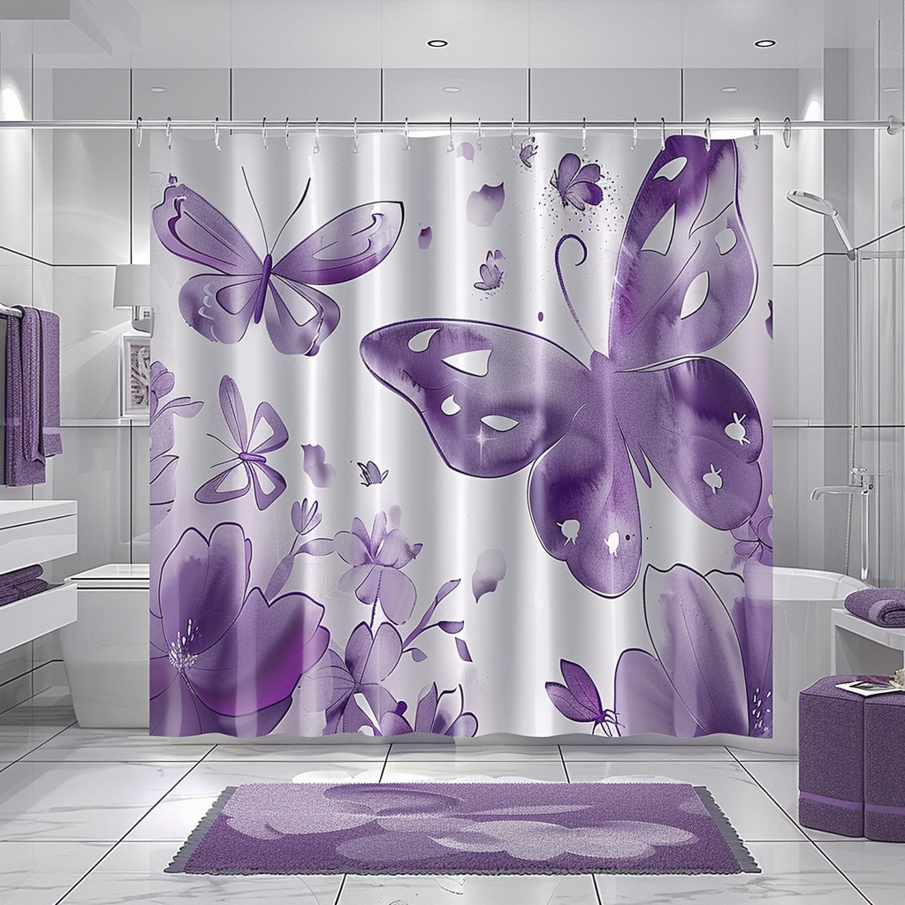 Modern Purple Butterfly Bathroom Set with Watercolor Design Shower ...