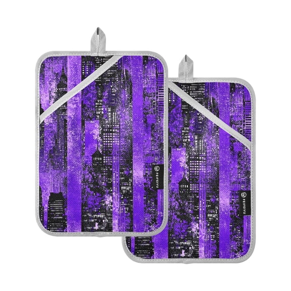 Modern Purple Cityscape Pattern Set of 2 Heat-Resistant Quilted Pads, Silver Polyester, 7" x 9.8"