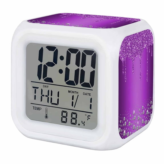 Modern Purple Digital Alarm Clock for Bedrooms, Smart LED Alarm Clock with 7 Color Changing Night Light, Abstract Diamond Luxury Gradient Silent Wake Up Clocks for Sleep Study Cooking 3.2"x3.2"