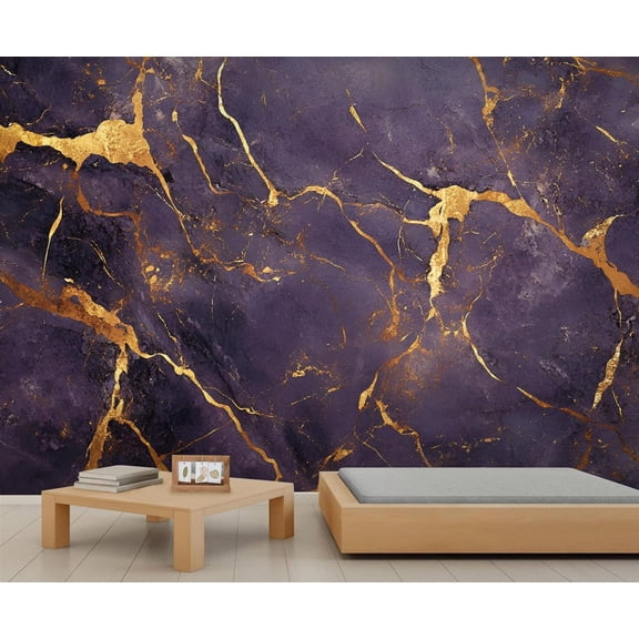 Modern Purple Gold Marble Wallpaper, Abstract Golden Cracks Wall Mural Poster Removable Mural Large 3D Wallpaper Home Decor For Bedroom Living Room 118"W x 83"H (Not Peel and Stick)