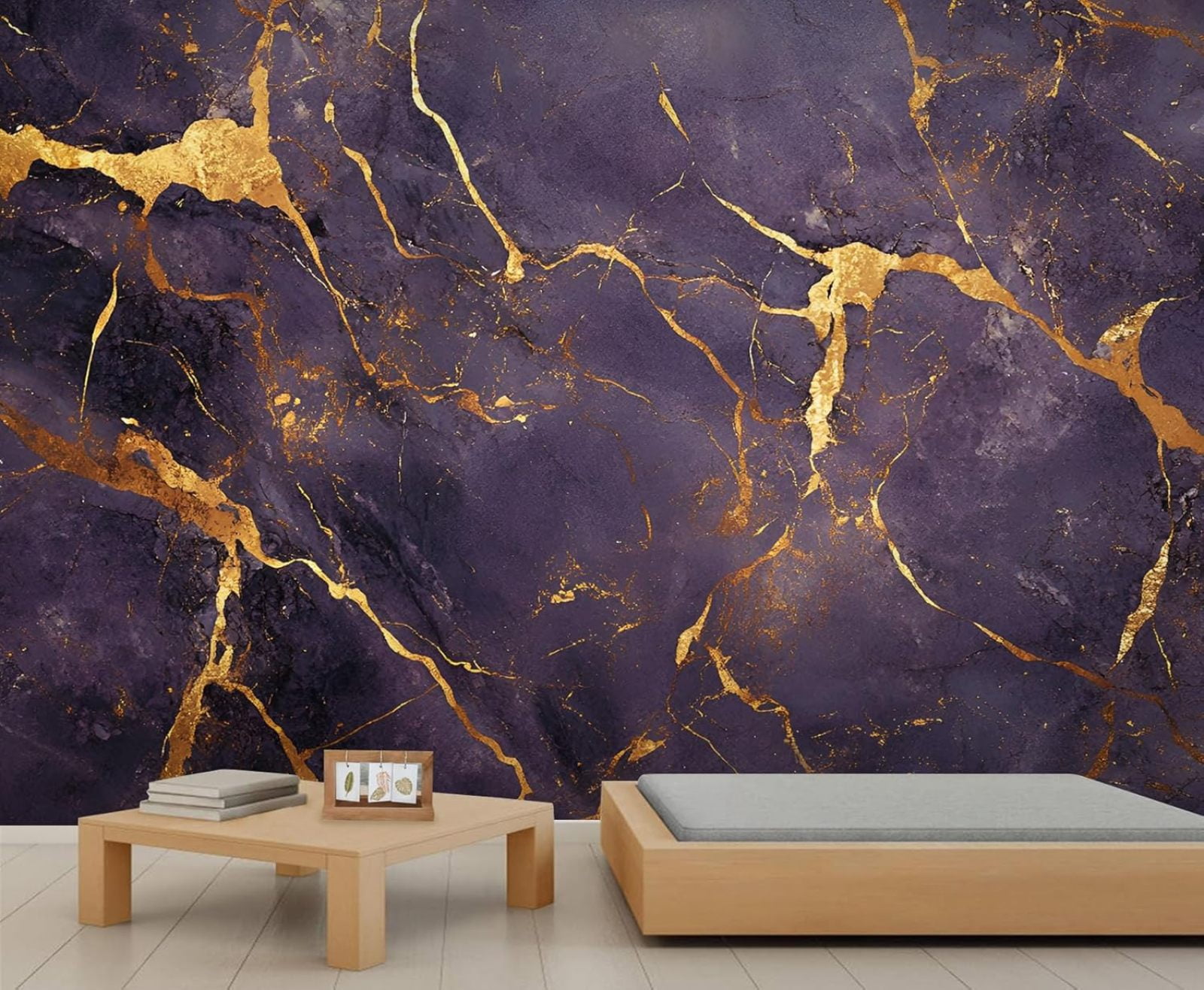 Modern Purple Gold Marble Wallpaper, Abstract Golden Cracks Wall Mural ...