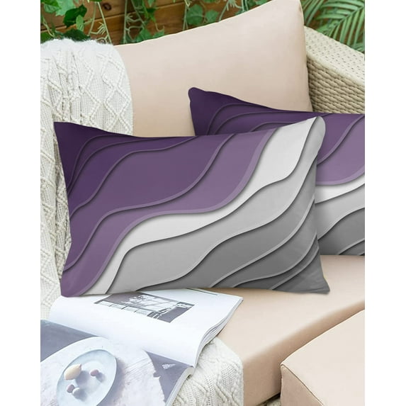 Modern Purple Grey Gradient Outdoor Pillow Covers Set of 2,Decorative Waterproof Throw Pillow Case,Abstract Geometric Ripple Art Cotton Linen Soft Cozy Cushion Pillowcases