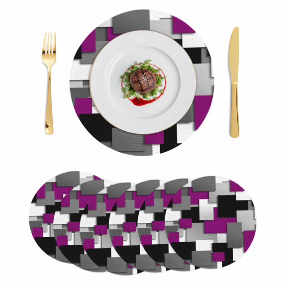 Modern Purple Grey Round 13 Inch Placemats Set of 6, Abstract Geometric Color Blocks HeatResistant Non Slip Place Mats for Dining Table, Wipeable Braided Kitchen Table Mats for Housewarming