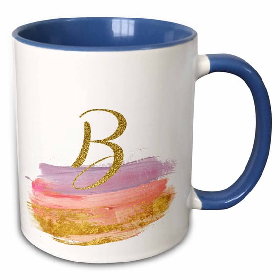 3drose, Modern Purple, Pink, Gold Brush Strokes Monogram B, 15oz Two-tone Blue Mug