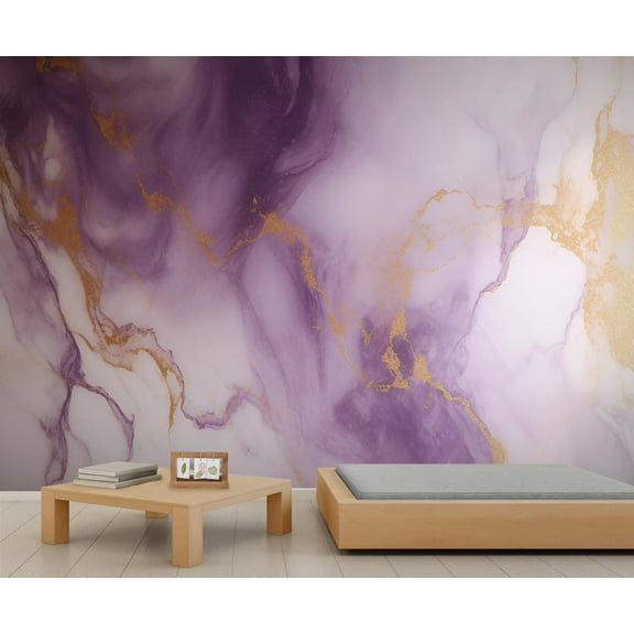 Modern Purple Rendered Marble Wallpaper, Abstract Gold Foil Art Wall Mural Poster Removable Mural Large 3D Wallpaper Home Decor For Bedroom Living Room 55"W x 28"H (Not Peel and Stick)