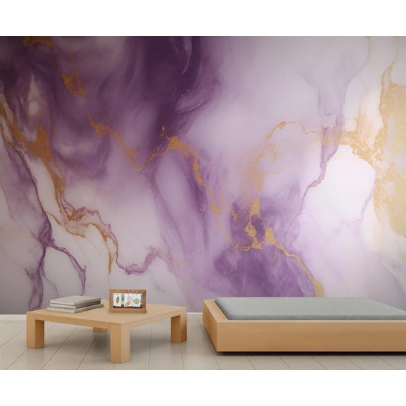 Modern Purple Rendered Marble Wallpaper, Abstract Gold Foil Art Wall Mural Poster Removable Mural Large 3D Wallpaper Home Decor For Bedroom Living Room 59"W x 39.4"H (Not Peel and Stick)