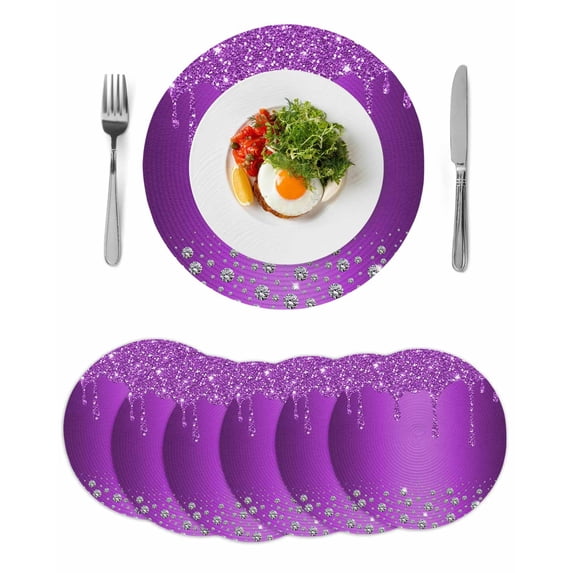 Modern Purple Round 15 Inch Placemats Set of 6, Abstract Diamond Luxury Gradient HeatResistant Non Slip Place Mats for Dining Table, Wipeable Braided Kitchen Table Mats for Housewarming