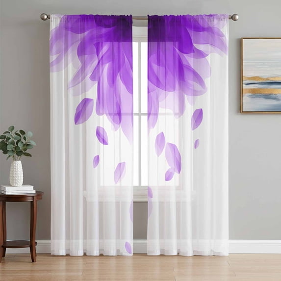 Modern Purple Sheer Curtains 63 Inch Length 2 Panels Set, Gradient Floral Abstract Bohemian White Voile Window Treatment Rod Pocket Curtains Sheers Drapes for Bedroom/Living Room/Kitchen 52x"63"x2