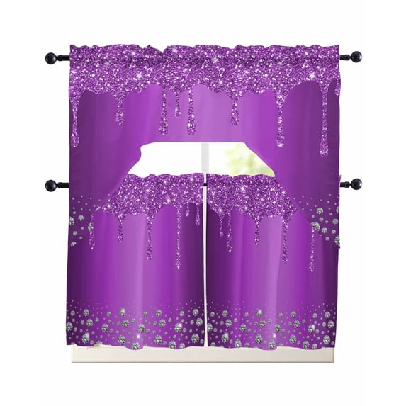 Modern Purple Swag Kitchen Curtains Sets for Windows 24 Inch Length, Abstract Diamond Luxury Gradient Short Window Curtain Panels Swags Valances and Tiers 3 Piece Set for Cafe/Dining Room