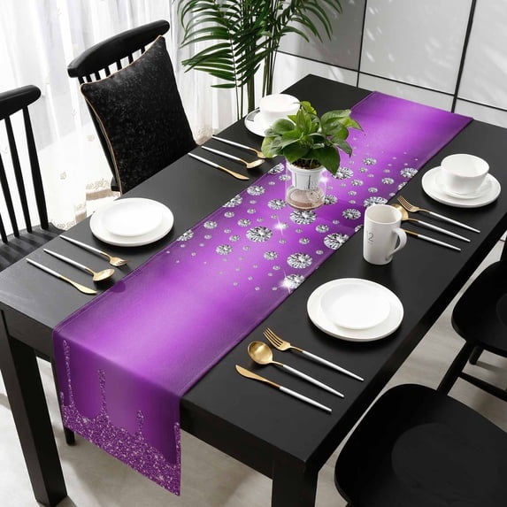 Modern Purple Table Runner 36 Inches Small, Abstract Diamond Luxury Gradient Kitchen Dining Burlap Linen Tablerunner for Small/Round/Square/Wedding/Coffee/Dining Table Party Home Décor 13 x 36