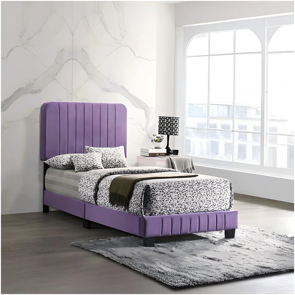 Modern Purple Upholstered Twin Bed, Low Profile Platform Frame with Tufted Headboard
