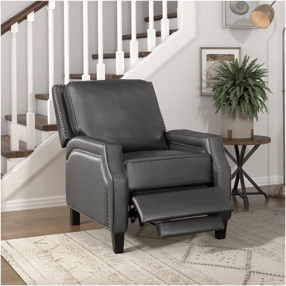 Modern Push Back Recliner Chair, Gray Faux Leather Self-Reclining Motion Sofa, Transitional Style Living Room Accent Chair with Nailhead Trim