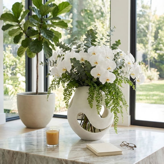 Sagebrook Home Small Open Flower Vase for Home Entryway - Resin Vase for Living Room, Coffee Table, and Shelf Accent - 14", White