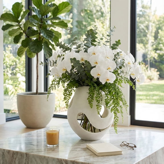 Modern Quartz Resin Vase for Living Room Decor - Sculptural Home Decor Accents with Open Form Design - Decorative Stone-like Flower Vase for Room, Bedroom, Office, and Table Styling - 14", White