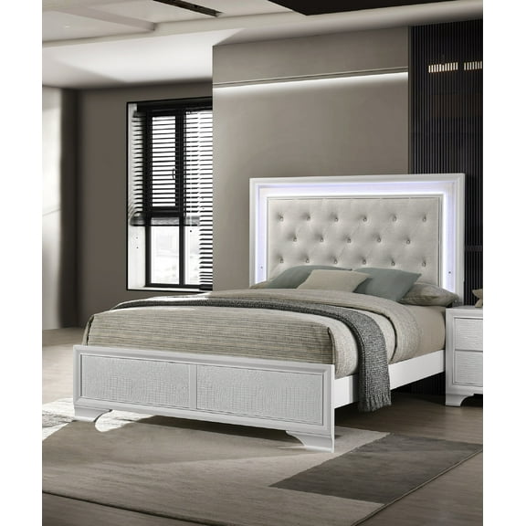 Modern Queen 1pc Bed Crisp White Textured Finish Tufted Integrated LED Headboard