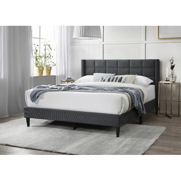 Modern Queen Bed Featuring Charcoal Brushed Linen and Box Headboard