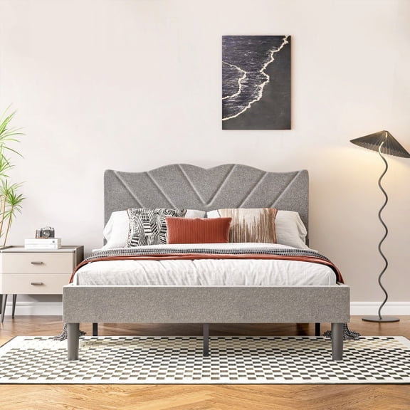 Modern Queen Bed Frame - Grey Upholstered Headboard, No Box Spring, Easy to Assemble | Heavy-Duty Support