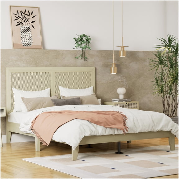 Modern Queen Bed Frame with Woven Rattan Headboard, Low Profile Platform Bed with Strong Slats Support, No Box Spring Needed, Boho Style Bedroom Furniture