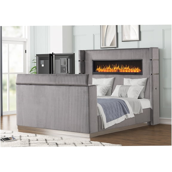 Modern Queen Bed Frame with Fireplace Headboard and Footboard, Gray Upholstered Platform Bed with TV Stand, Sturdy Wood Structure for Bedroom