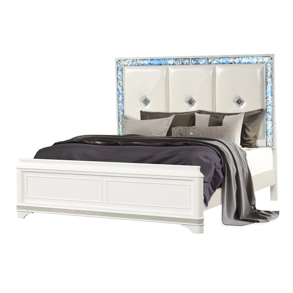 Modern Queen Bed Frame with LED Headboard, Upholstered Platform Bed with Blue Marble and Crystal Decor