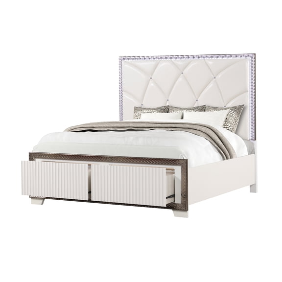 Modern Queen Bed Frame with LED Headboard and Storage Drawers, Upholstered Platform Bed in White Faux Leather