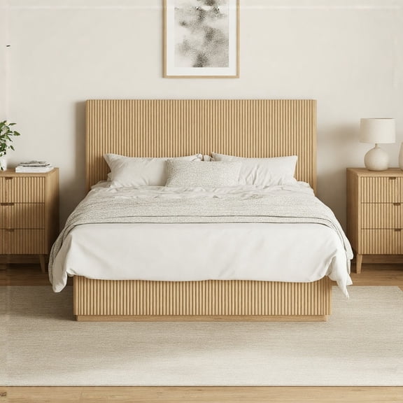 Modern Queen Bed Frame with LED Lighting - Walnut Finish - Curved Wooden Frame & Innovative Sleep Design