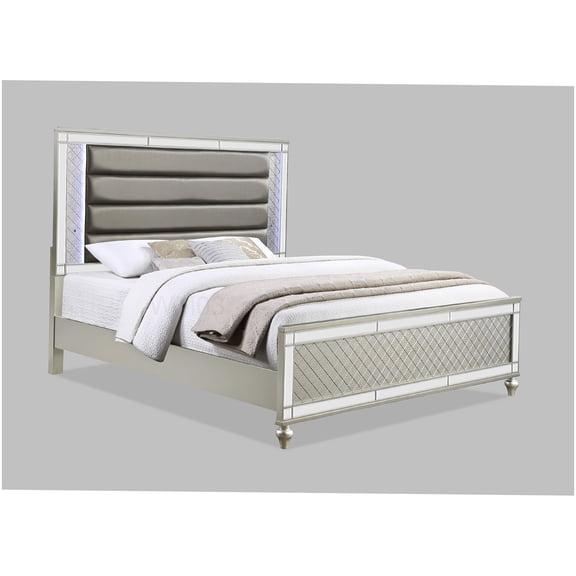 Modern Queen Bed Frame with LED Lights, Upholstered Headboard and Mirror Details for Glam Style