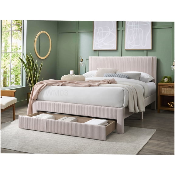 Modern Queen Bed Frame with Storage Drawer, Light Pink Corduroy Upholstery, High Headboard, Platform Design for Bedroom, No Box Spring Needed