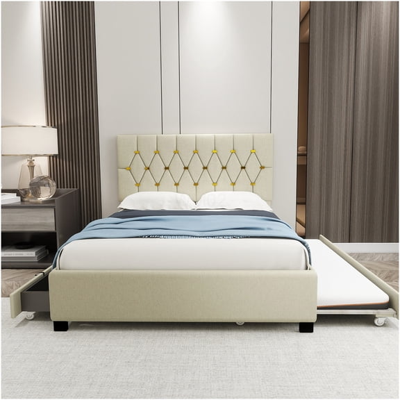 Modern Queen Bed Frame with Trundle and Storage Drawers, Velvet Upholstered Platform Bed with Pull-Out Guest Bed and Hidden Storage, Beige