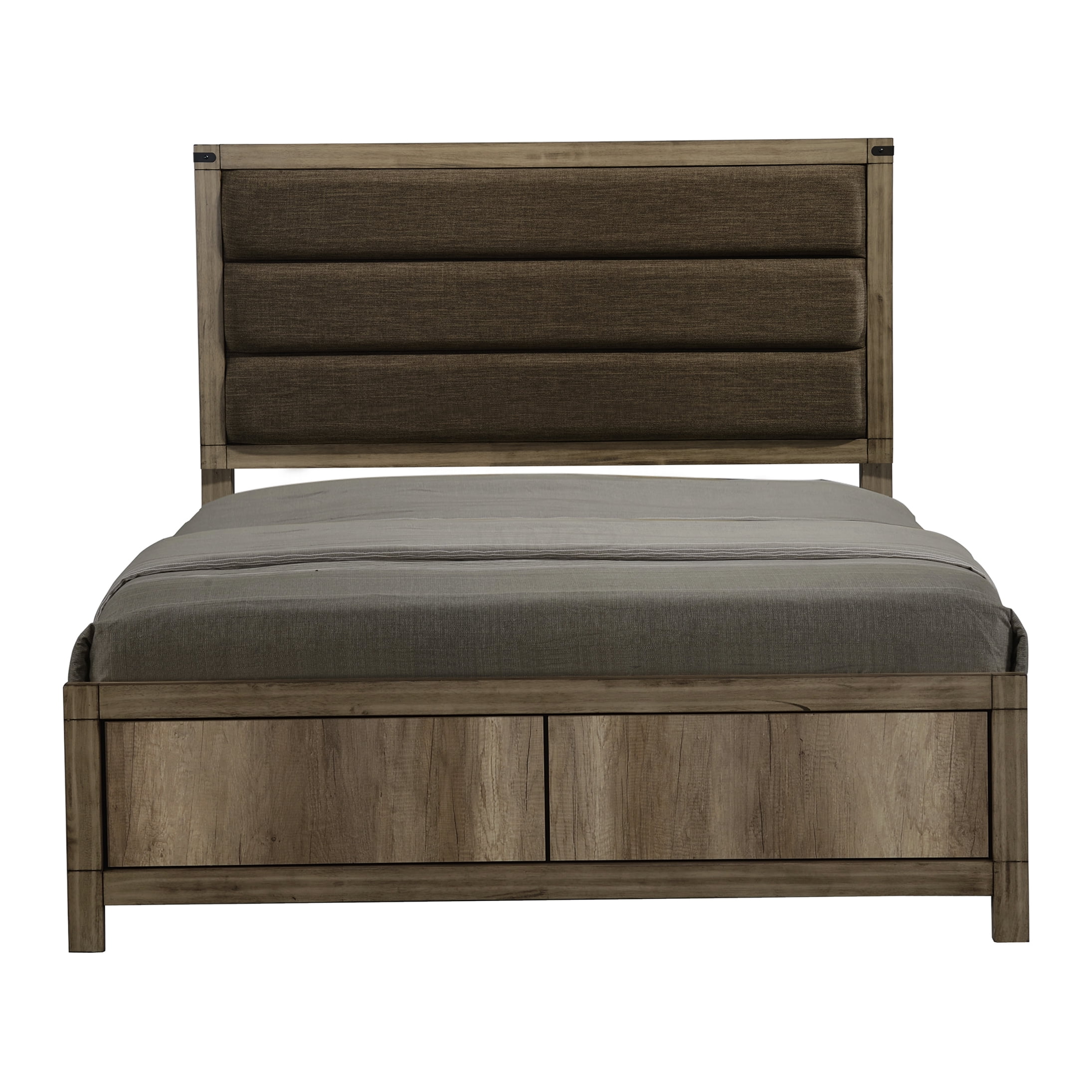 Modern Queen Bed Frame with Upholstered Headboard, Low Profile Platform Bed, Weathered Gray Wood Finish, No Box Spring Needed