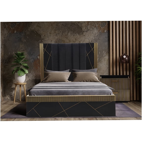 Modern Queen Bed Frame with Upholstered Headboard and Brass Inlay, Solid Mango Wood Platform Bed, No Box Spring Needed
