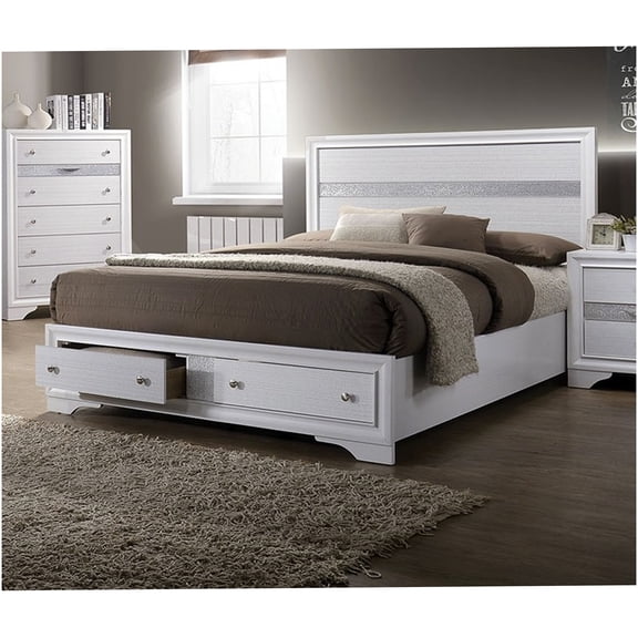 Modern Queen Bed Frame with Upholstered Headboard and Storage Drawers, White Wood Platform Bed with Solid Structure