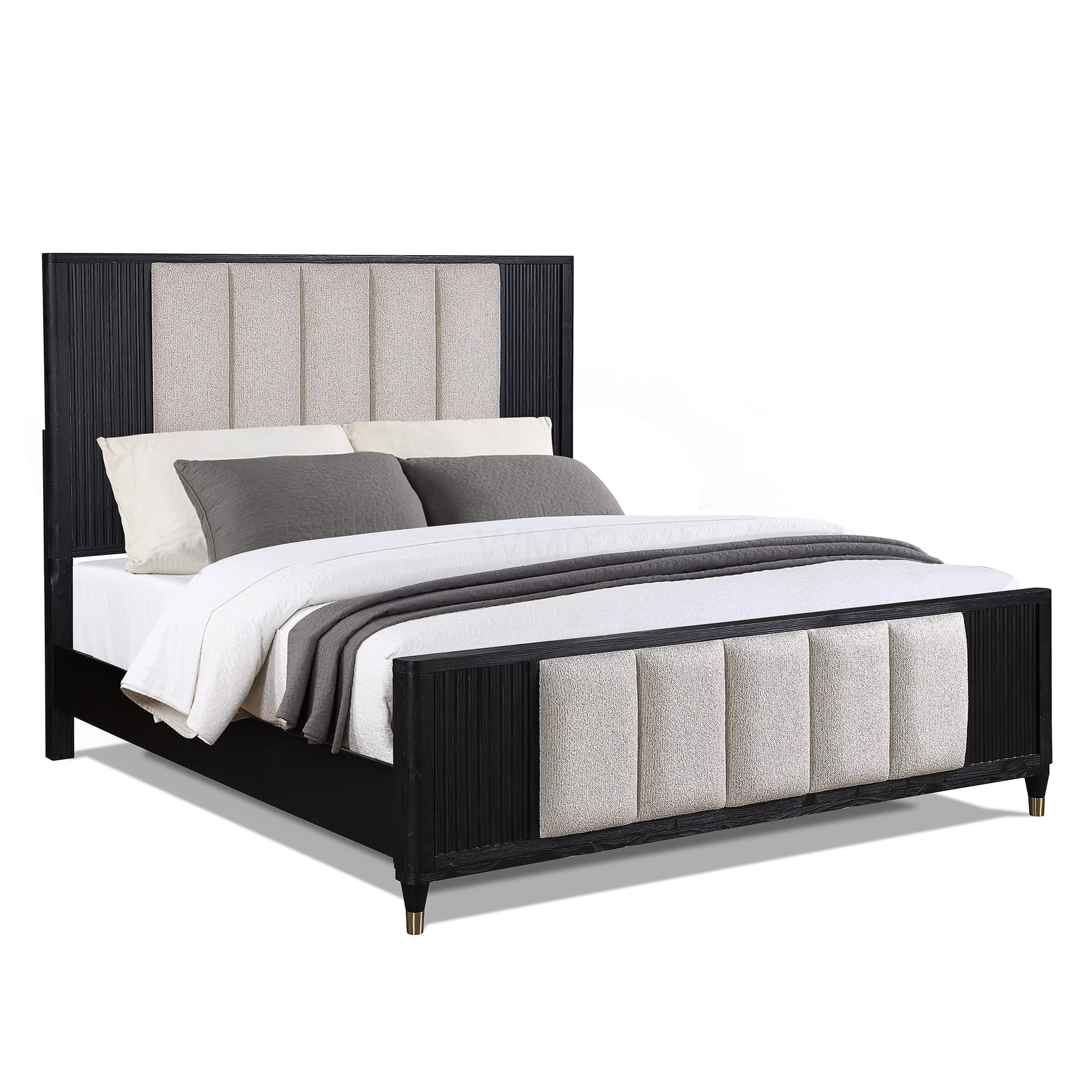 Modern Queen Bed Frame with Upholstered High Headboard, Textured Panel Design for Contemporary Bedroom