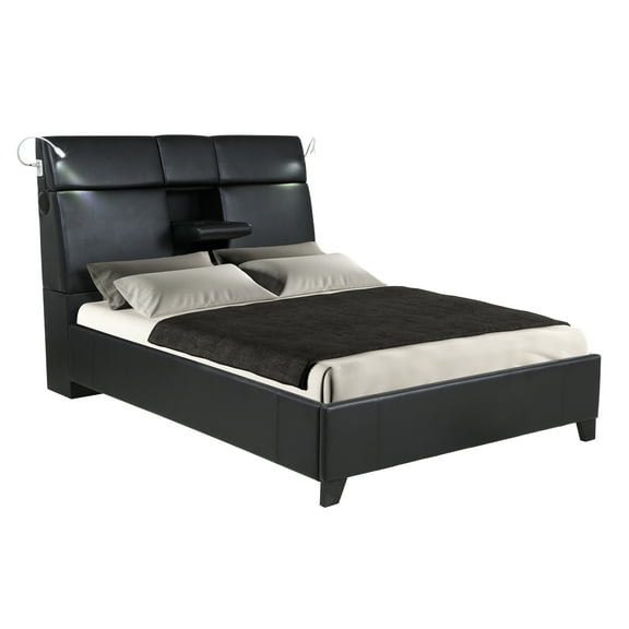 Modern Queen Bed With Beverage Storage, Touch-activated Lighting And Sound For A Cozy Bedroom Feeling Black Music Touch Lighting, Holder Speaker