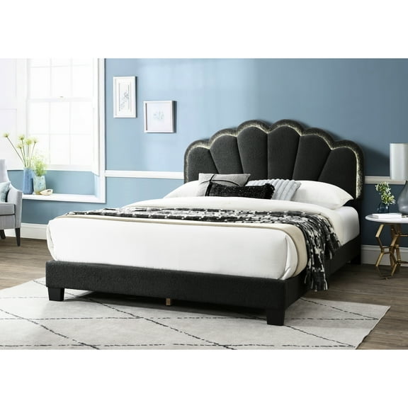 Modern Queen Bed With Elegant Tufting And Led, Charcoal Color Scalloped No Box Spring, Wood Frame, Bedroom Style